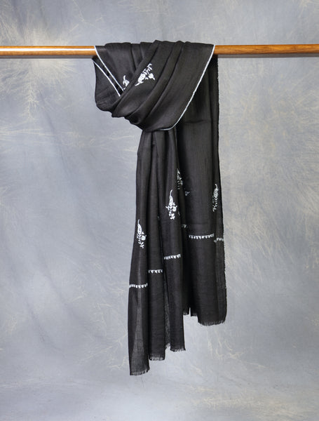 Black Boteh Motif Embroidery Cashmere Pashmina Scarf