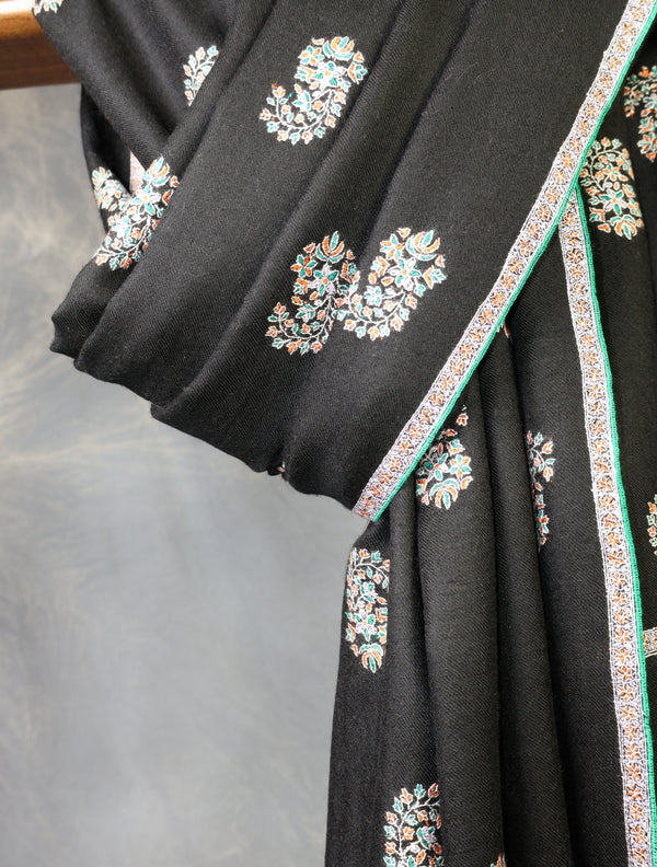 Black Boteh motif Embroidery Cashmere Pashmina Shawl — pashmina shawl detail