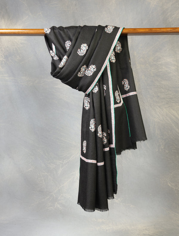 Black Boteh motif Embroidery Cashmere Pashmina Shawl — Jali openwork embroidery pashmina shawl from Srinagar