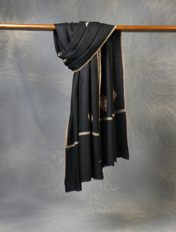 Black Butti-Dar & Border Embroidery Cashmere Pashmina Shawl — Jali openwork embroidery pashmina shawl from Srinagar