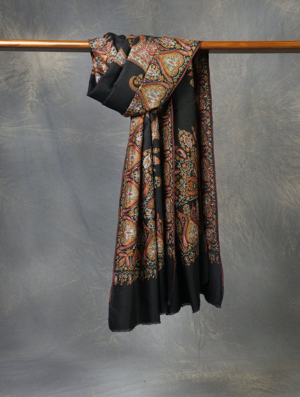 Black Jamawar Embroidery Pashmina Shawl — Jamawar embroidery pashmina shawl handwoven in Srinagar Kashmir