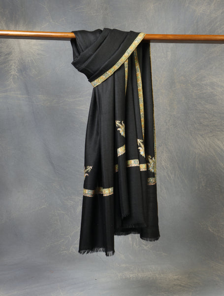 Black Small Border Embroidery Cashmere Pashmina Shawl