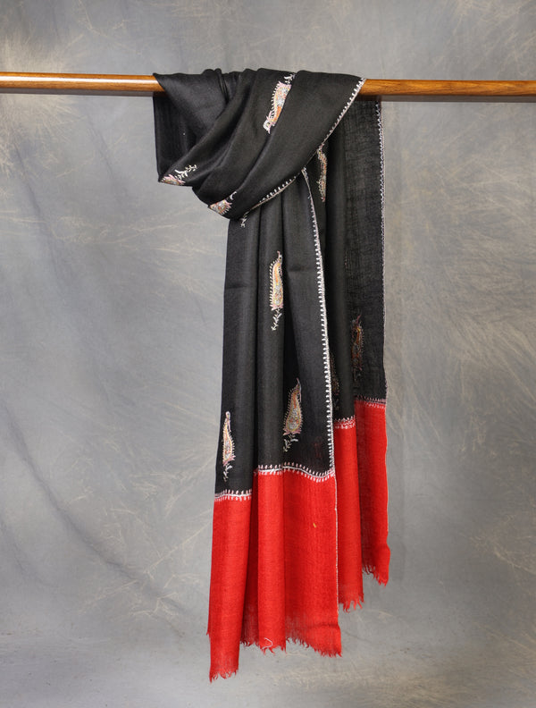 Black and Red Base Boteh Embroidery Pashmina Cashmere Scarf — Jali openwork embroidery pashmina shawl from Srinagar