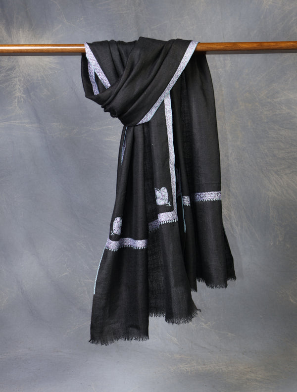 Black colour with Small Border Embroidery Cashmere Pashmina Scarf — Sozni border embroidery pashmina shawl from Kashmir