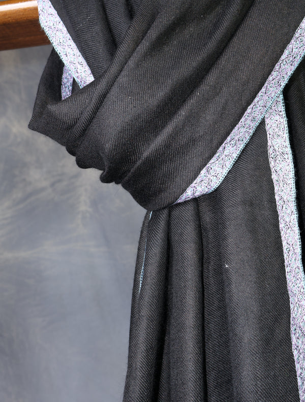 Black colour with Small Border Embroidery Cashmere Pashmina Scarf — pashmina shawl detail