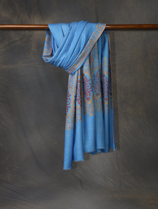 Blue Base Big Motif Border Embroidery Cashmere Pashmina Shawl — Sozni border embroidery pashmina shawl from Kashmir