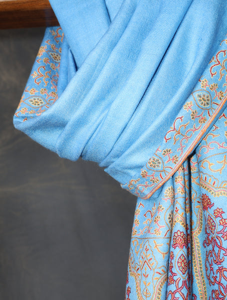 Blue Base Big Motif Border Embroidery Cashmere Pashmina Shawl