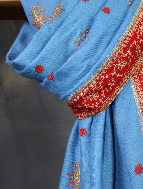 Blue Base With Red Border Embroidery Cashmere Pashmina Scarf – detail view