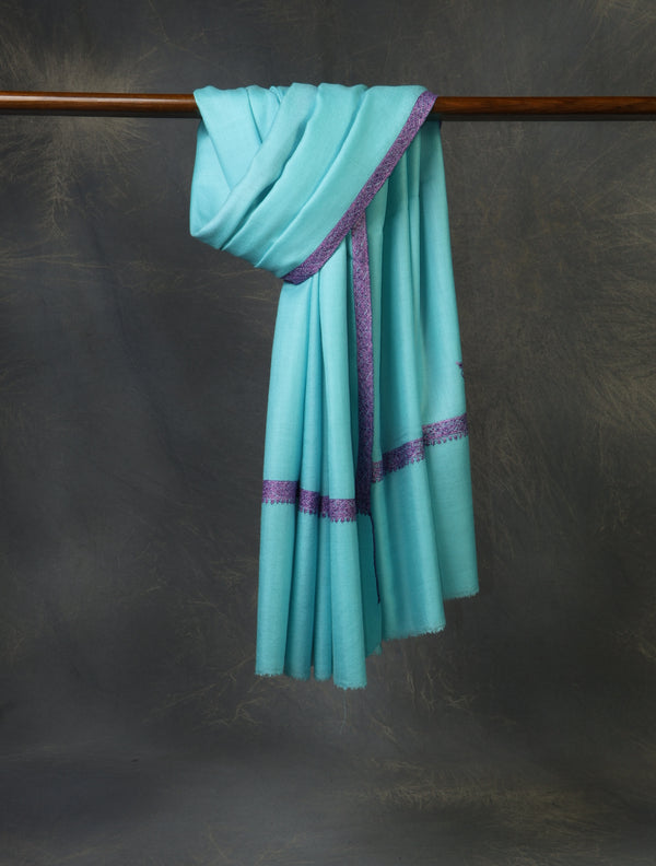 Blue Base with Purple Border Embroidery Cashmere Pashmina Shawl