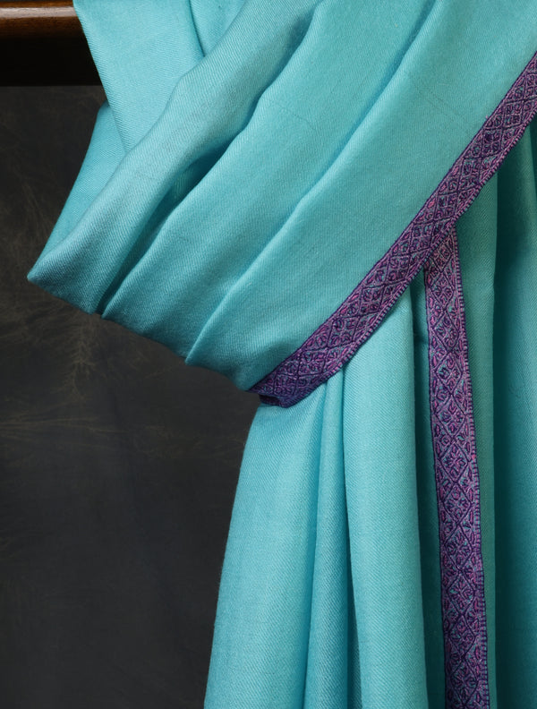 Blue Base with Purple Border Embroidery Cashmere Pashmina Shawl – detail view
