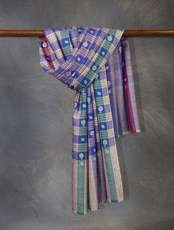 Blue Check Reversible Butti-Dar Embroidery Pashmina Cashmere Shawl