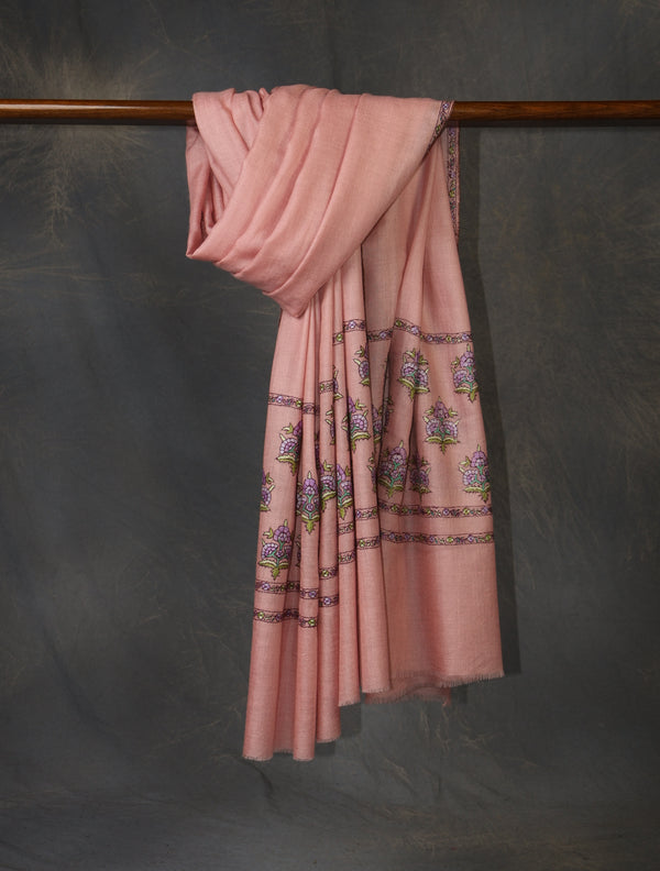 Blush Pink Base Big Motifs Border Embroidery Cashmere Pashmina Shawl — Sozni border embroidery pashmina shawl from Kashmir