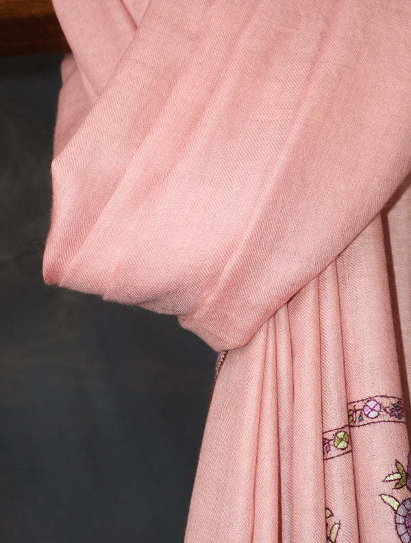 Blush Pink Base Big Motifs Border Embroidery Cashmere Pashmina Shawl — pashmina shawl detail