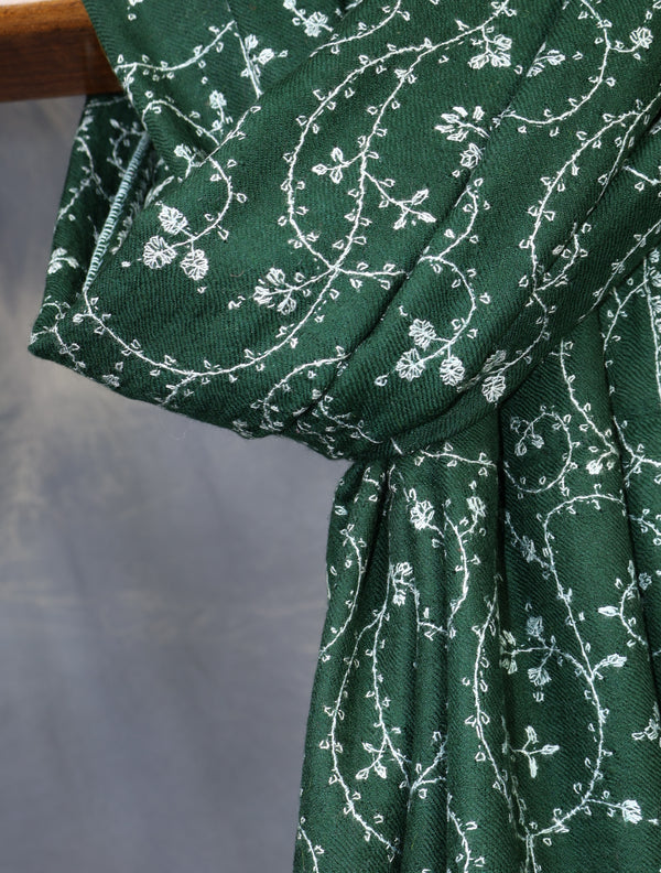 Bottle Green Jali Embroidery Cashmere Pashmina Scarf — pashmina shawl detail