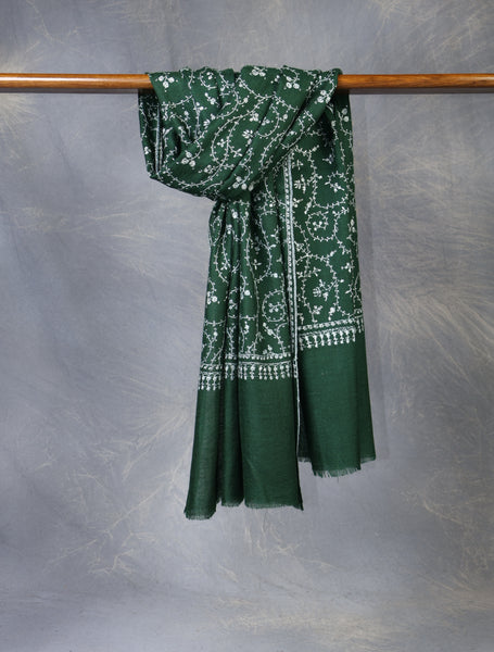 Bottle Green Jali Embroidery Cashmere Pashmina Scarf