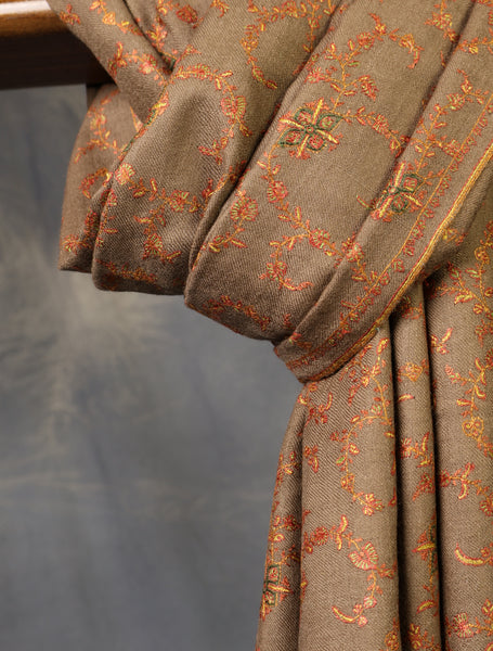 Brown Color Jali Embroidery Cashmere Pashmina Shawl
