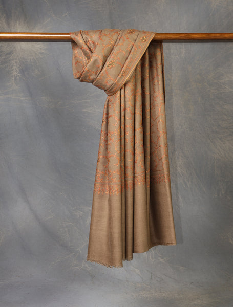 Brown Color Jali Embroidery Cashmere Pashmina Shawl