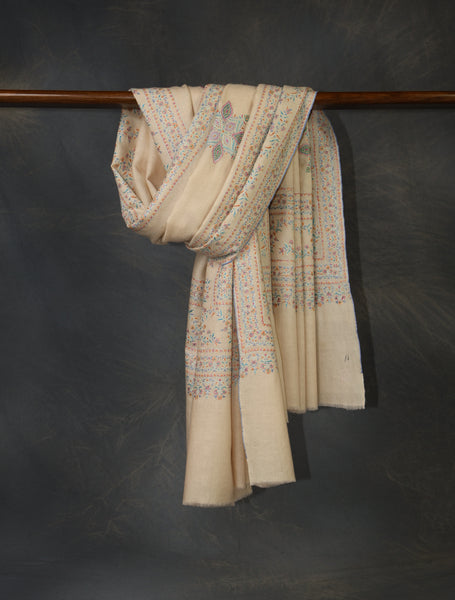 Cream Color Boteh Motifs Embroidery Cashmere Pashmina Shawl