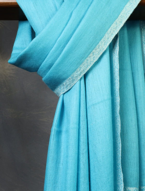 Cyan Blue colour with Small Border Embroidery Cashmere Pashmina Scarf – detail view