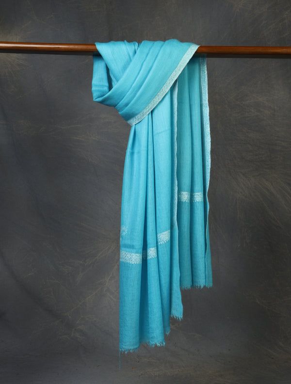 Cyan Blue colour with Small Border Embroidery Cashmere Pashmina Scarf