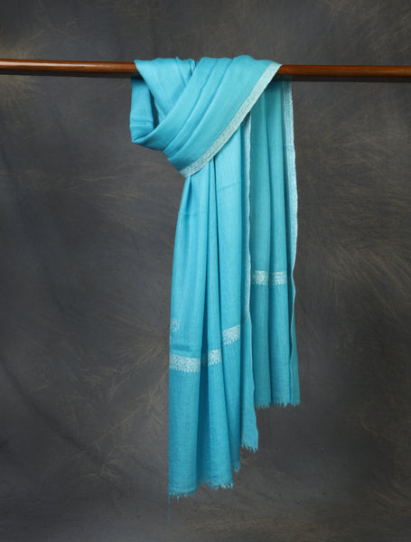 Cyan Blue colour with Small Border Embroidery Cashmere Pashmina Scarf