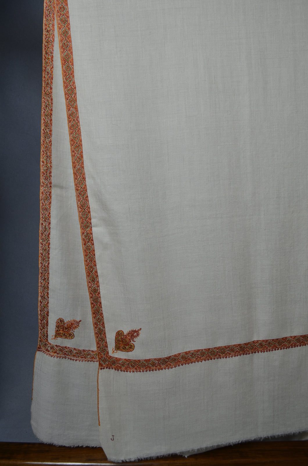Ivory Base With Orange Border Embroidery Cashmere Pashmina Shawl