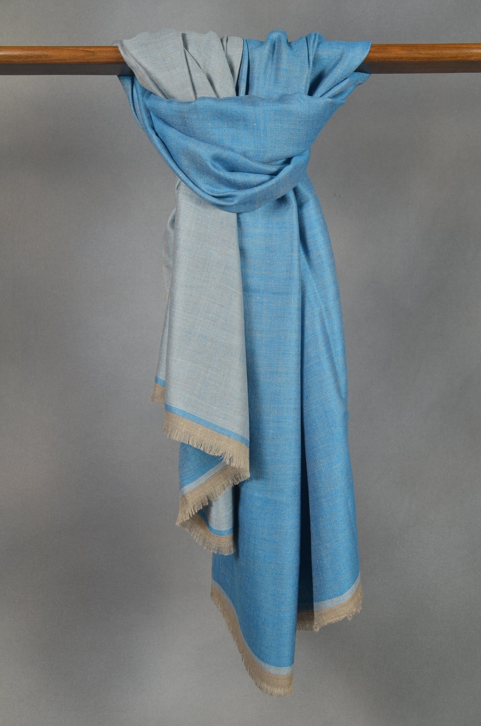 Reversible Aqua Blue and Grey Handwoven Cashmere Pashmina Shawl