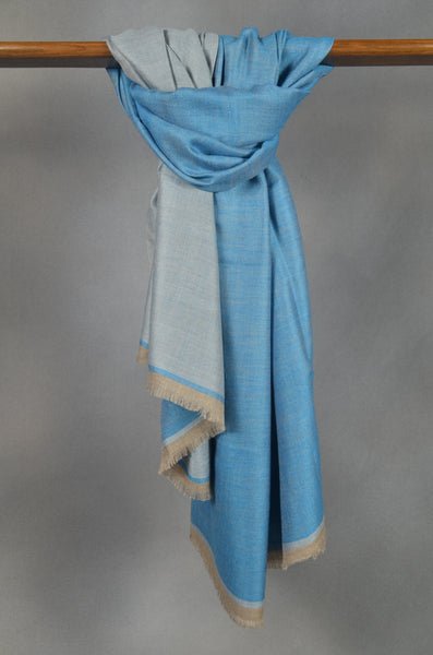 Reversible Aqua Blue and Grey Handwoven Cashmere Pashmina Shawl