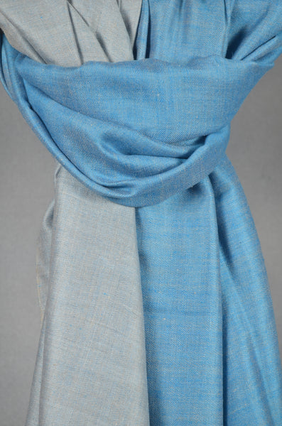 Reversible Aqua Blue and Grey Handwoven Cashmere Pashmina Shawl