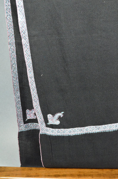 Black Base with White,pink and Blue Border Embroidery Cashmere Pashmina Shawl