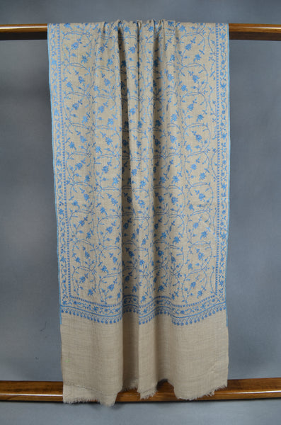 Un Dyed Natural Base with Blue Jali Embroidery Pashmina Cashmere Scarf