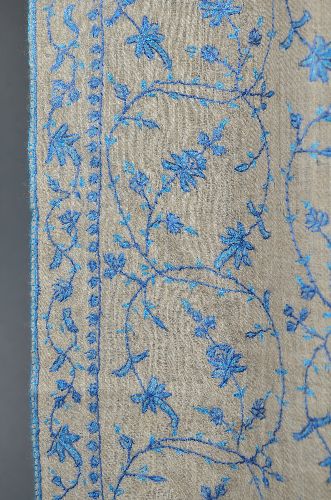 Natural Base Blue Jali Embroidery Pashmina Cashmere Scarf