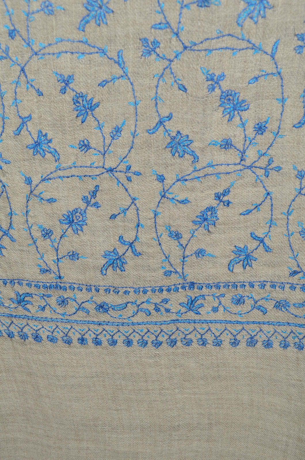 Natural Base Blue Jali Embroidery Pashmina Cashmere Scarf