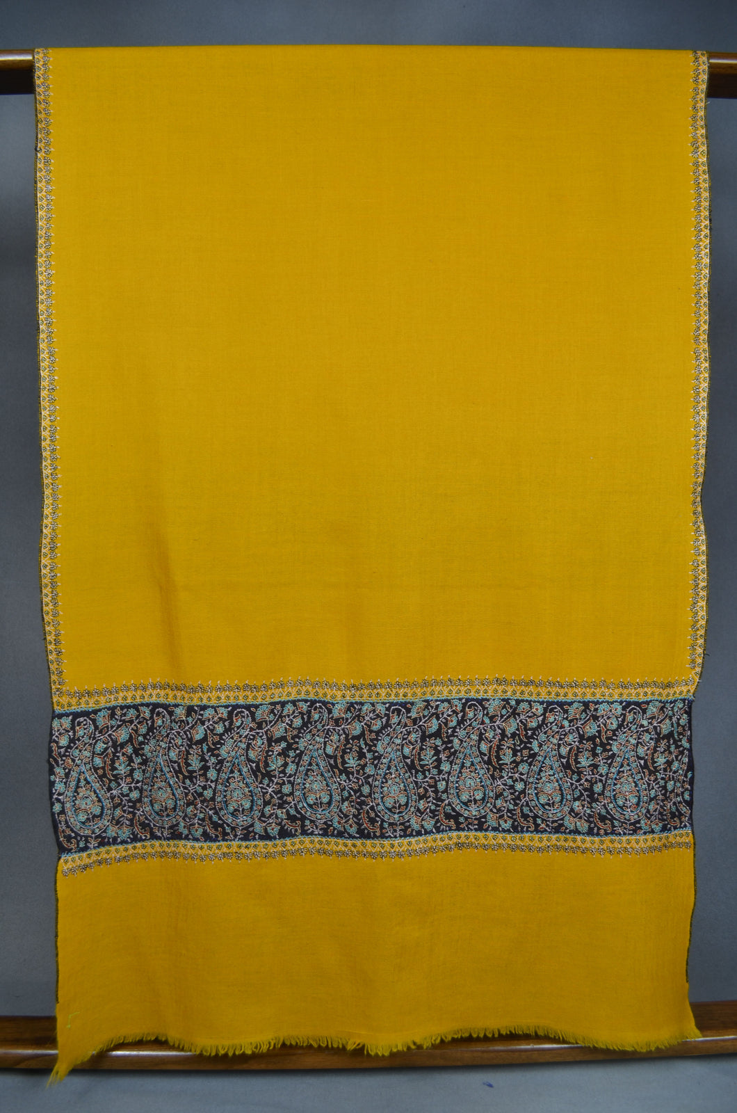 Mustard and Black Border Embroidery Cashmere Pashmina Scarf