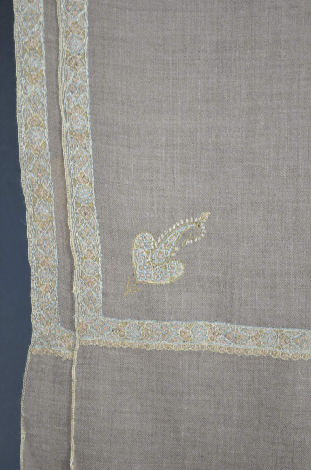 White and Beige Border Embroidery Cashmere Pashmina Shawl