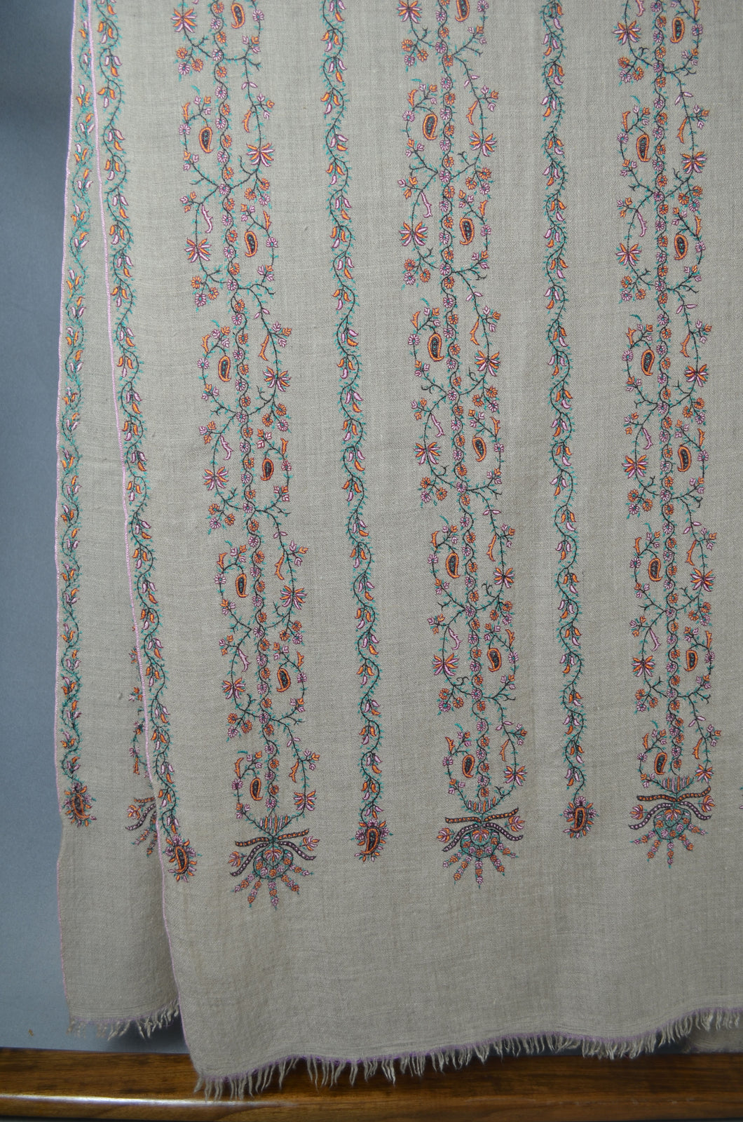 Natural base Striped Jali Embroidery Pashmina Cashmere Shawl