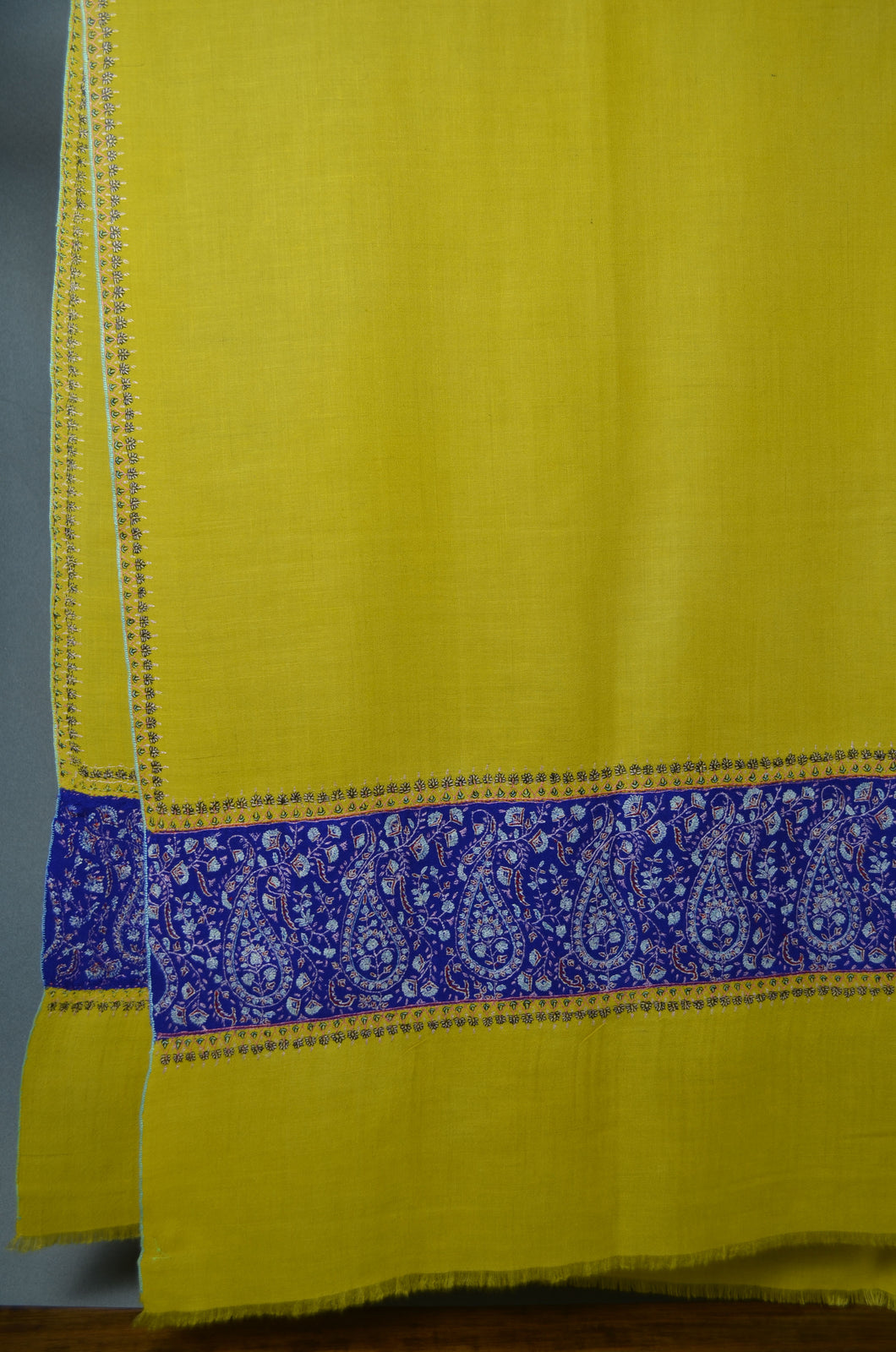 Yellow and Blue Big Border Embroidery Cashmere Pashmina Shawl