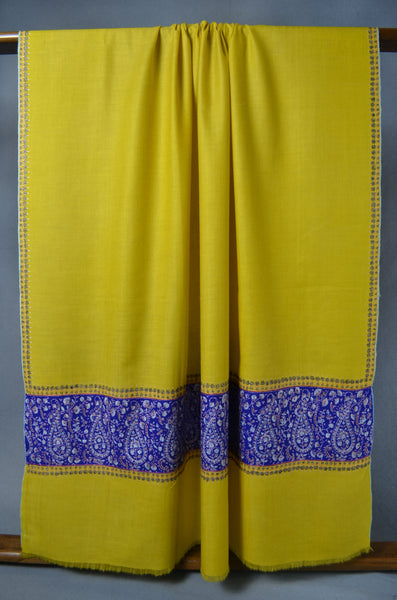 Yellow and Blue Big Border Embroidery Cashmere Pashmina Shawl