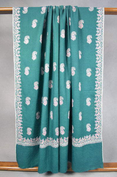 Green Butti-Dar & Border Embroidery Cashmere Pashmina Shawl