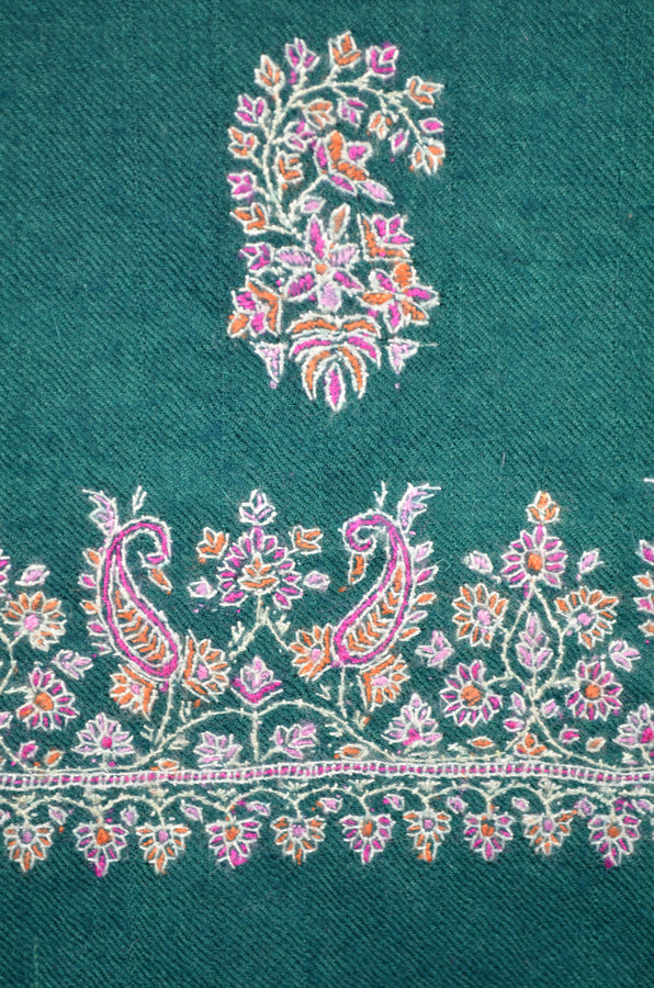 Green Butti-Dar & Border Embroidery Cashmere Pashmina Shawl
