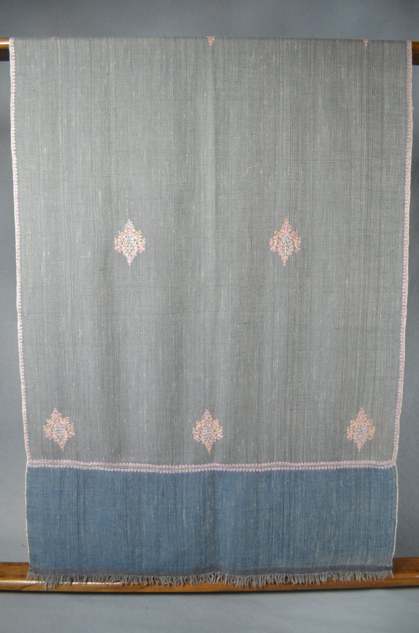 Grey Butti-Dar with Blue Border Embroidery Cashmere Pashmina Shawl