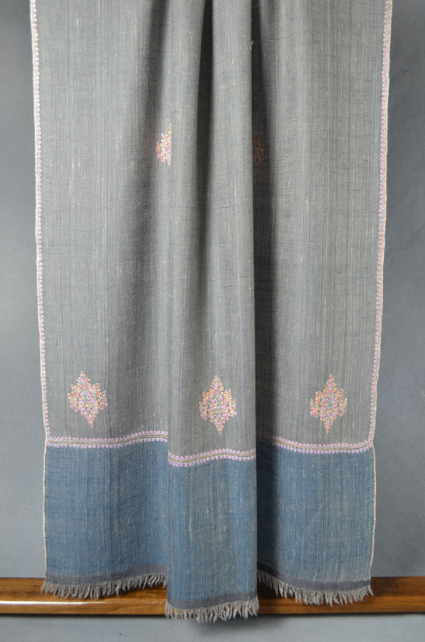 Grey Butti-Dar with Blue Border Embroidery Cashmere Pashmina Shawl