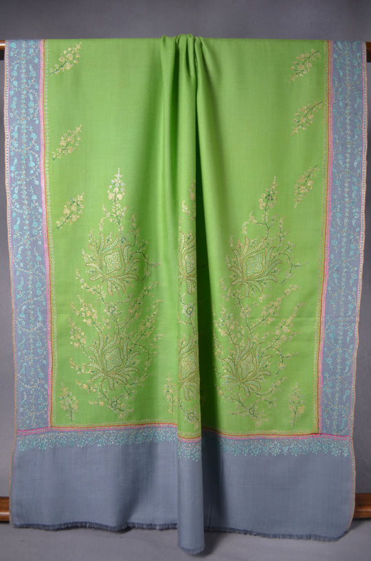Lime Green with Grey border Pashmina Embroidery Shawl