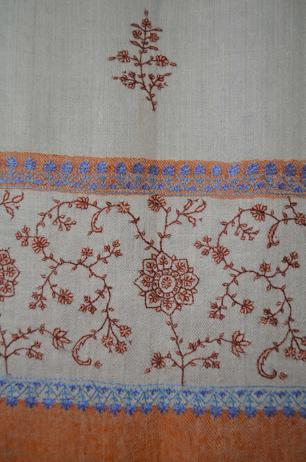 Ivory Base Orange Border Embroidery Cashmere Pashmina Scarf