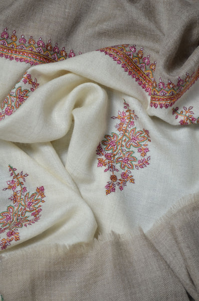 Ivory Base Natural Border Embroidery Pashmina Cashmere Shawl