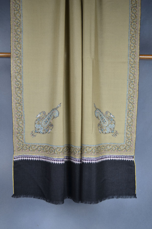 Un Dyed Natural Border Embroidery Cashmere Pashmina Shawl