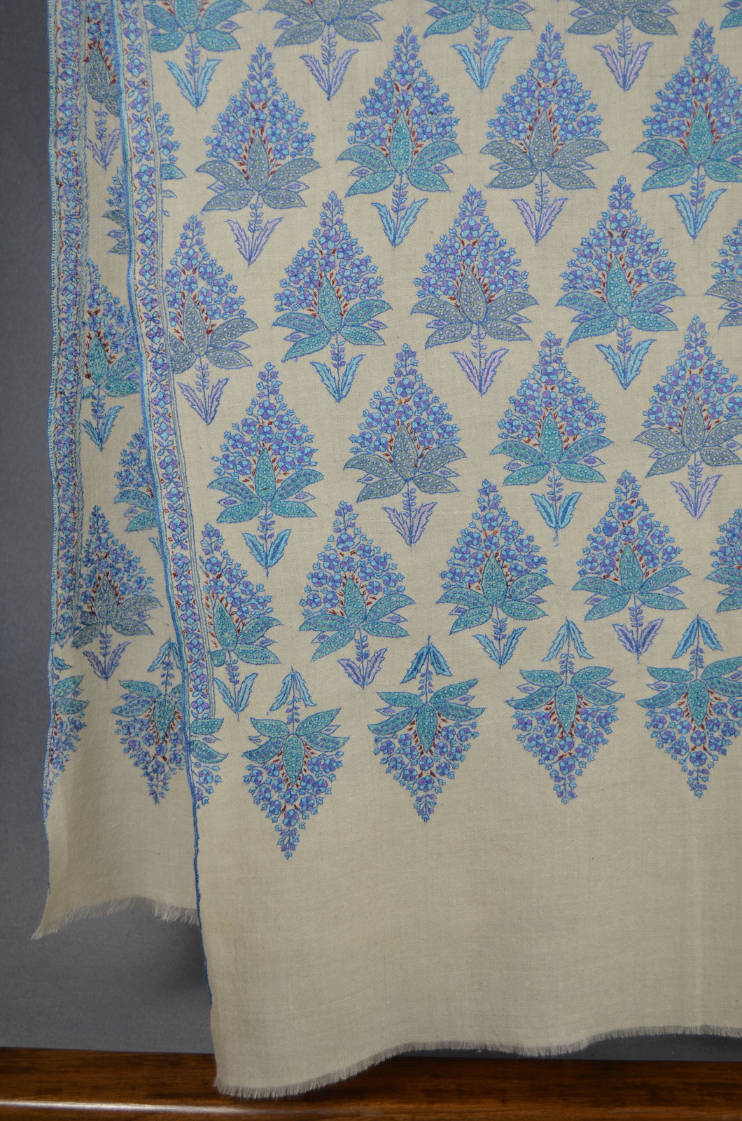 Ivory Base Blue Embroidery Jamawar Pashmina Shawl