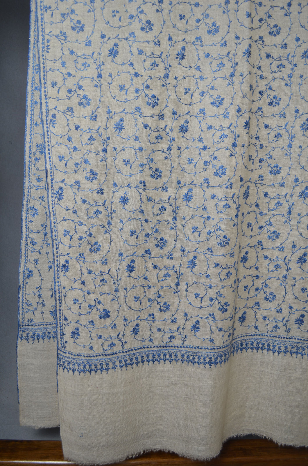 Ivory Base Jali Blue Embroidery Pashmina Cashmere Scarf