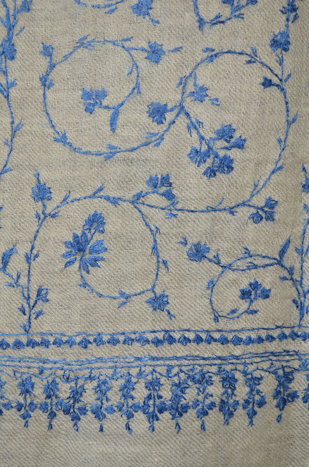 Ivory Base Jali Blue Embroidery Pashmina Cashmere Scarf