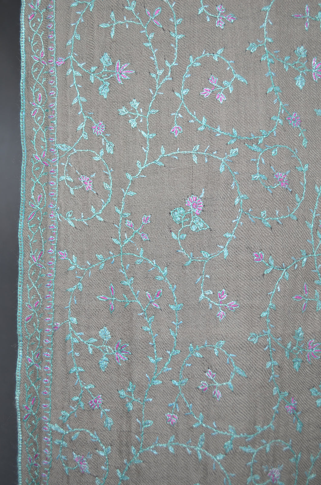 Grey Base Jali Blue Embroidery Pashmina Cashmere Scarf
